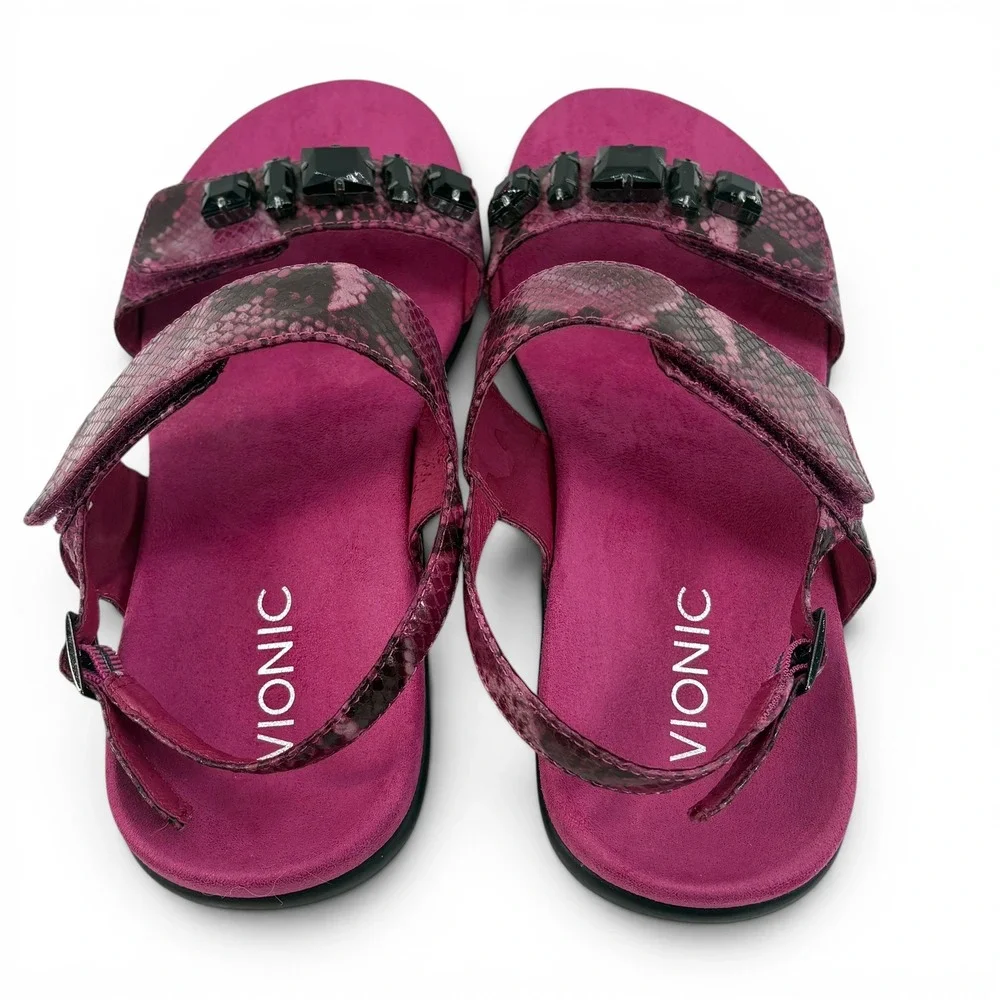 Vionic Magenta Snakeskin Gemstone Embellished Backstrap Sandals Women's Size 9 - Picture 5 of 10
